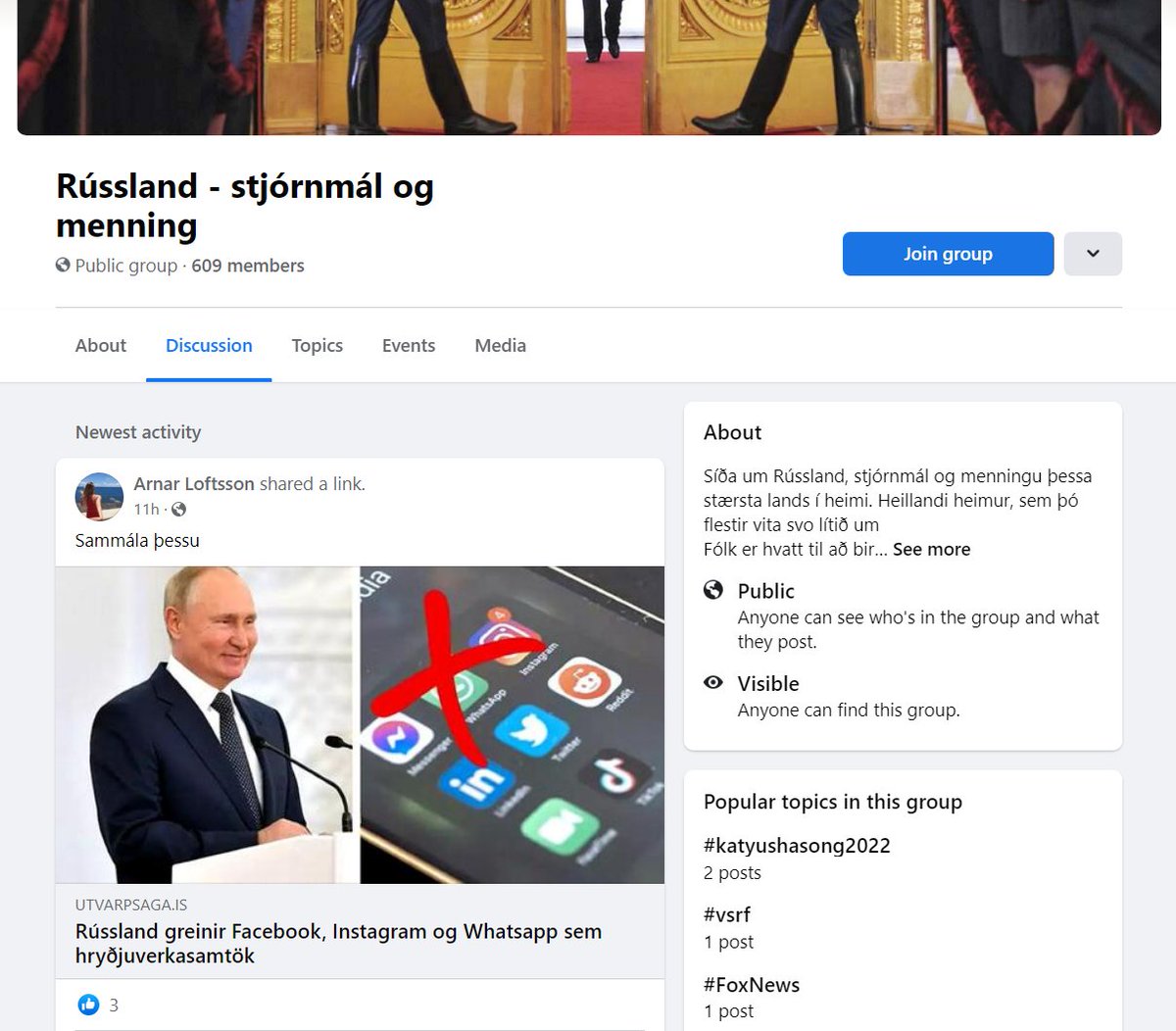 peturah's tweet photo. @ergblind Ég var reyndar bannaður fyrir að nota hlátursbroskall þarna, en það er klárlega þessi. 

Grúbban er s.s. bara einhver Arnar Loftsson að rembast við að sannfæra sig og þrjá vini sína um að Putin sé góður kall, með því að reposta áróðri frá Kreml fimmtán sinnum á dag, alla daga. 👌 https://t.co/rJcmoOUHua