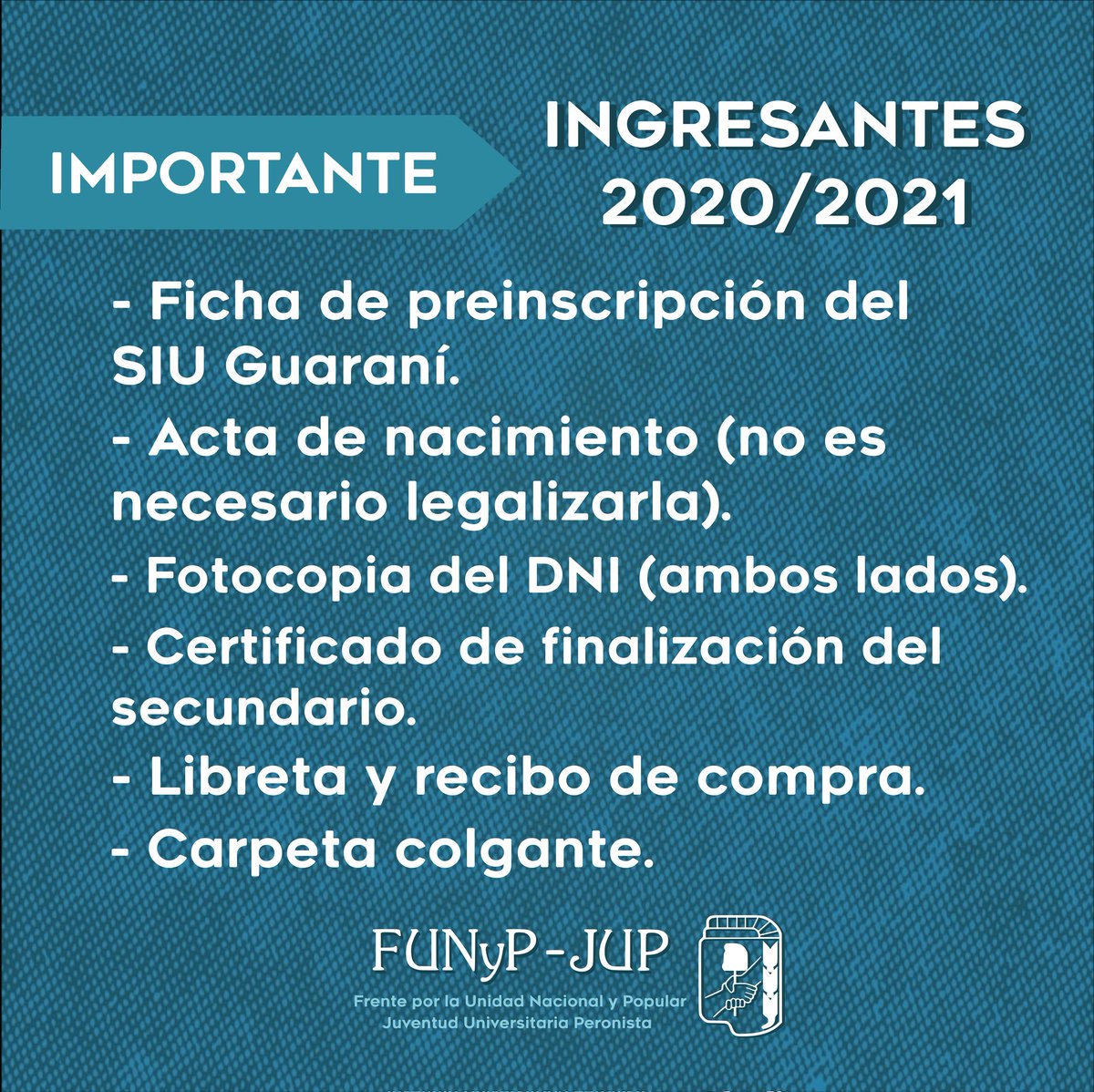 FUNyPUNSE's tweet photo. #IMPORTANTE Ingresantes 2020/2021 📢
Te dejamos a mano la documentación que tienes que tener preparada para completar tu legajo universitario‼️
➡️ Tienes tiempo hasta el 31 de Marzo del 2023 para hacerlo, pero no te duermas ni te olvides!
#FUNYP #JUP #UNSE #PERONISMO https://t.co/0ZF1M4zml3