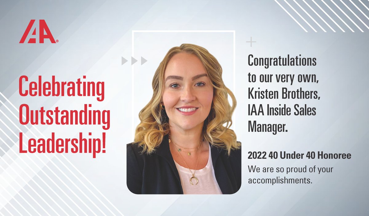IAA_Auctions's tweet photo. Congratulations to our own Kristen Brothers, a 2022 Auto Remarketing 40 Under 40 honoree. #TeamIAA https://t.co/fExsy1qgX3 https://t.co/ElzhnJrohH