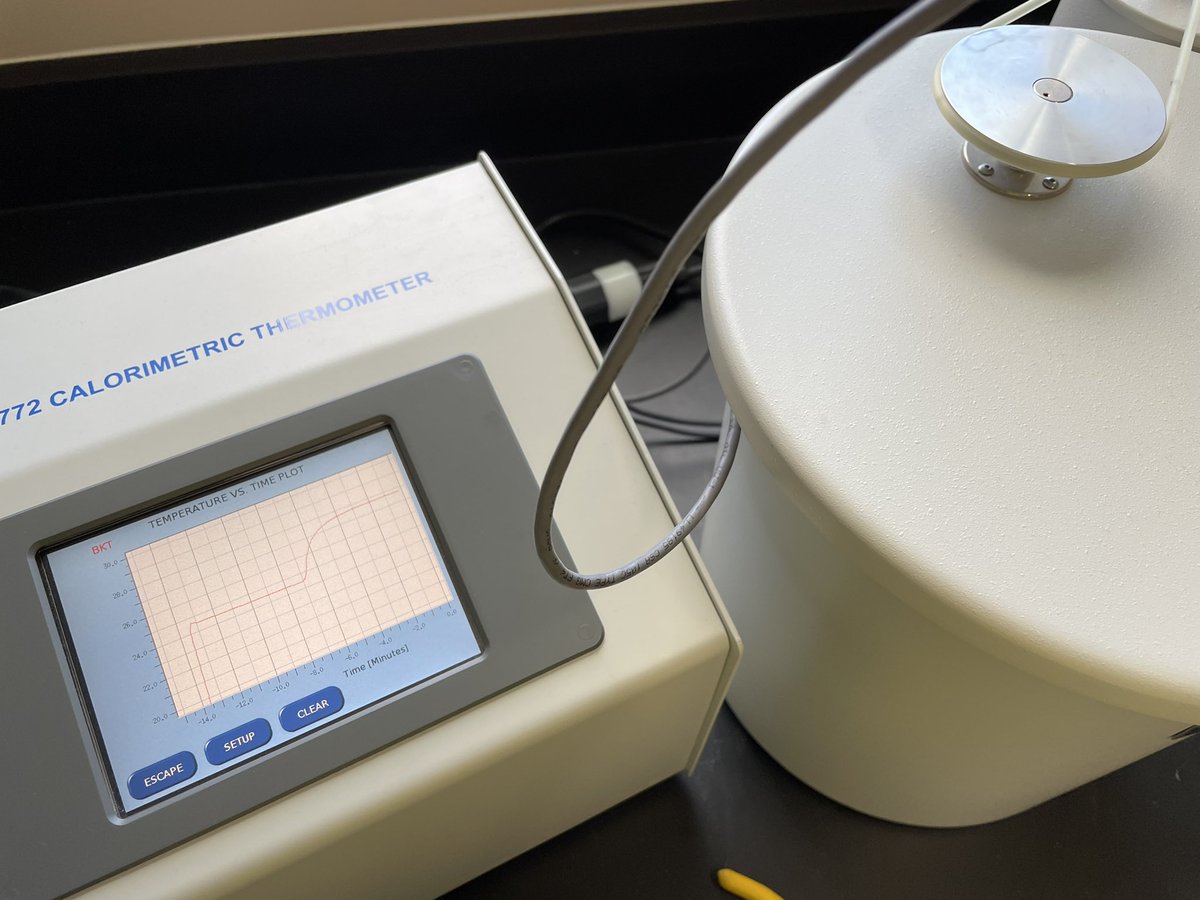 drbixby's tweet photo. Calorimetry experiments in #pchemlab @LewisUniversity this week. Solution, bomb, soda can, and computational thermochemistry. I can’t wait for presentations next week! https://t.co/zzPVJaz4M9