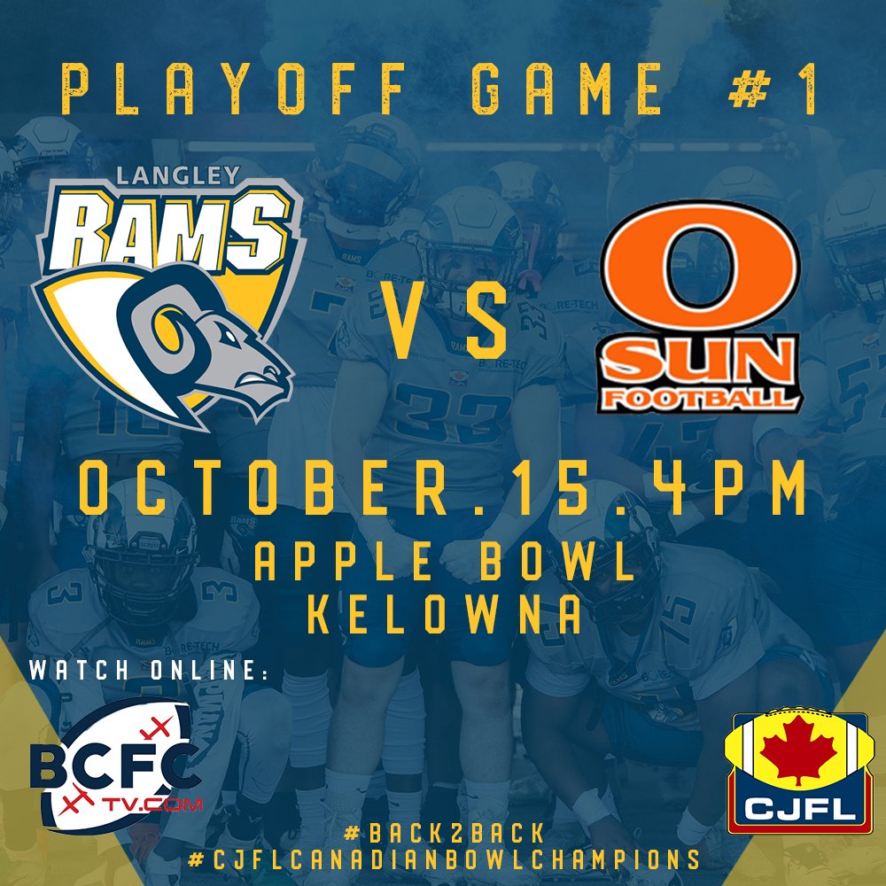 Playoffs start Saturday! Come up for the road trip to support your Langley Rams! Or watch on BCFCTV.com. This game will be a tough one, but one you don't want to miss!!