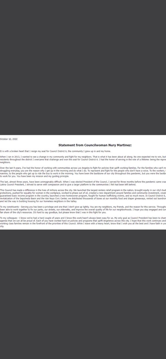 “It is with a broken heart…”
LA councilmember Nury Martinez officially resigns, days after racist recording released. #BREAKING 
#ktla <a href="/KTLA/">KTLA</a>