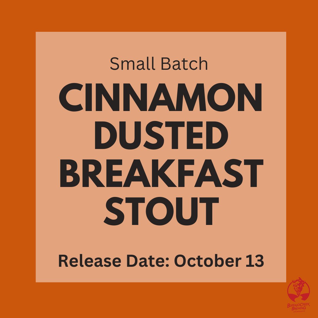 The small batch you've been waiting for arrives tomorrow (10/13): Cinnamon Dusted Breakfast Stout. It's an oatmeal breakfast stout  with a deep malty flavor + dusted with cinnamon. 

While supplies last. Available on tap only. No growler fills. #craftbeer
