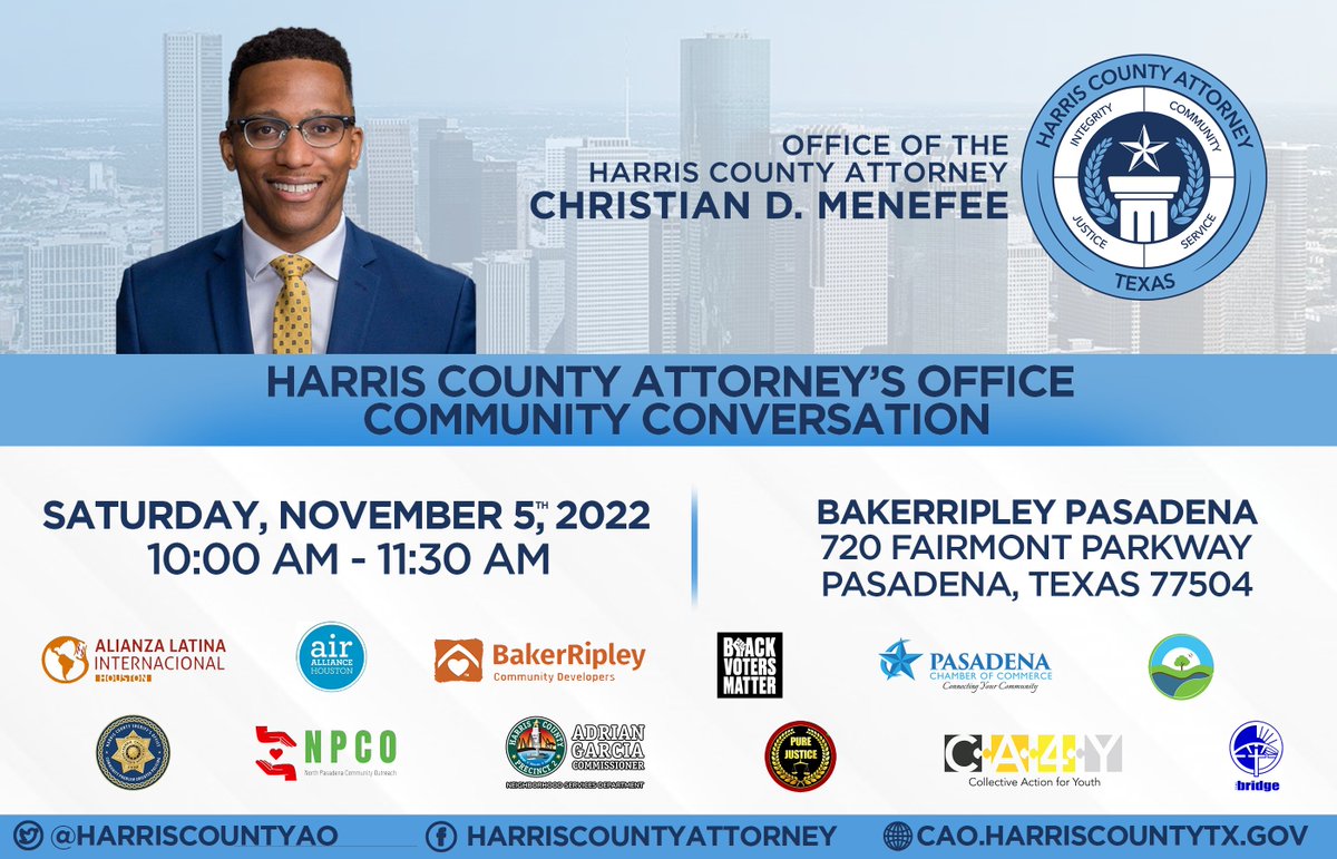 HarrisCountyAO's tweet photo. We're hosting our 3rd Community Conversation on November 5. Mark your calendars and register for free here: 
https://t.co/5dRzyQ10pI 
Estamos organizando nuestra tercera conversación comunitaria para el 5 de noviembre. Marque la fecha en su calendario e inscríbase sin cargo aquí https://t.co/DlFhbTePgK