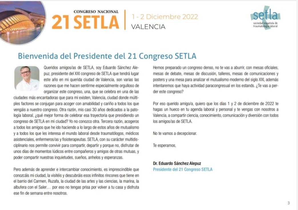 📢 El 1 y 2 de diciembre celebramos el XXI congreso de SETLA  (Sociedad Española Traumatología Laboral) en Valencia 
📣 congresos-setla.com
Aquí tienes toda la información 
💯 X 💯 Interesante, científico, divulgativo... para Traumatología, Médicos  Enfermería y Fisioterapia