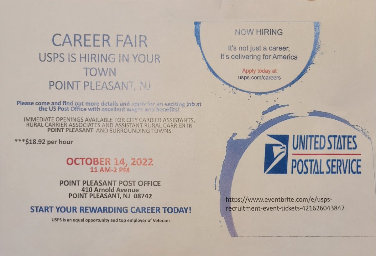PtPleasantBchNJ's tweet photo. The @USPS in #PPBNJ are holding a career fair on October 14, 2022 from 11 AM-2 PM at our local branch! #Job #Jobs #NewJersey #JobAlert #USPS 

https://t.co/p4Bi3WW1Fo https://t.co/YkuE94Jl2Q