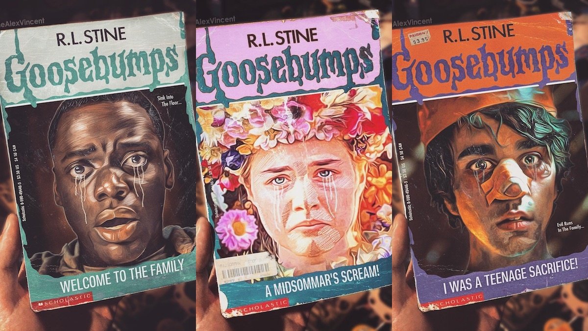 nerdist's tweet photo. Artist @thealexvincent has given some modern horror movie masterpieces their very own classic Goosebumps-style covers.  https://t.co/yo8oiFO1WS https://t.co/hZV4Xzqx2V