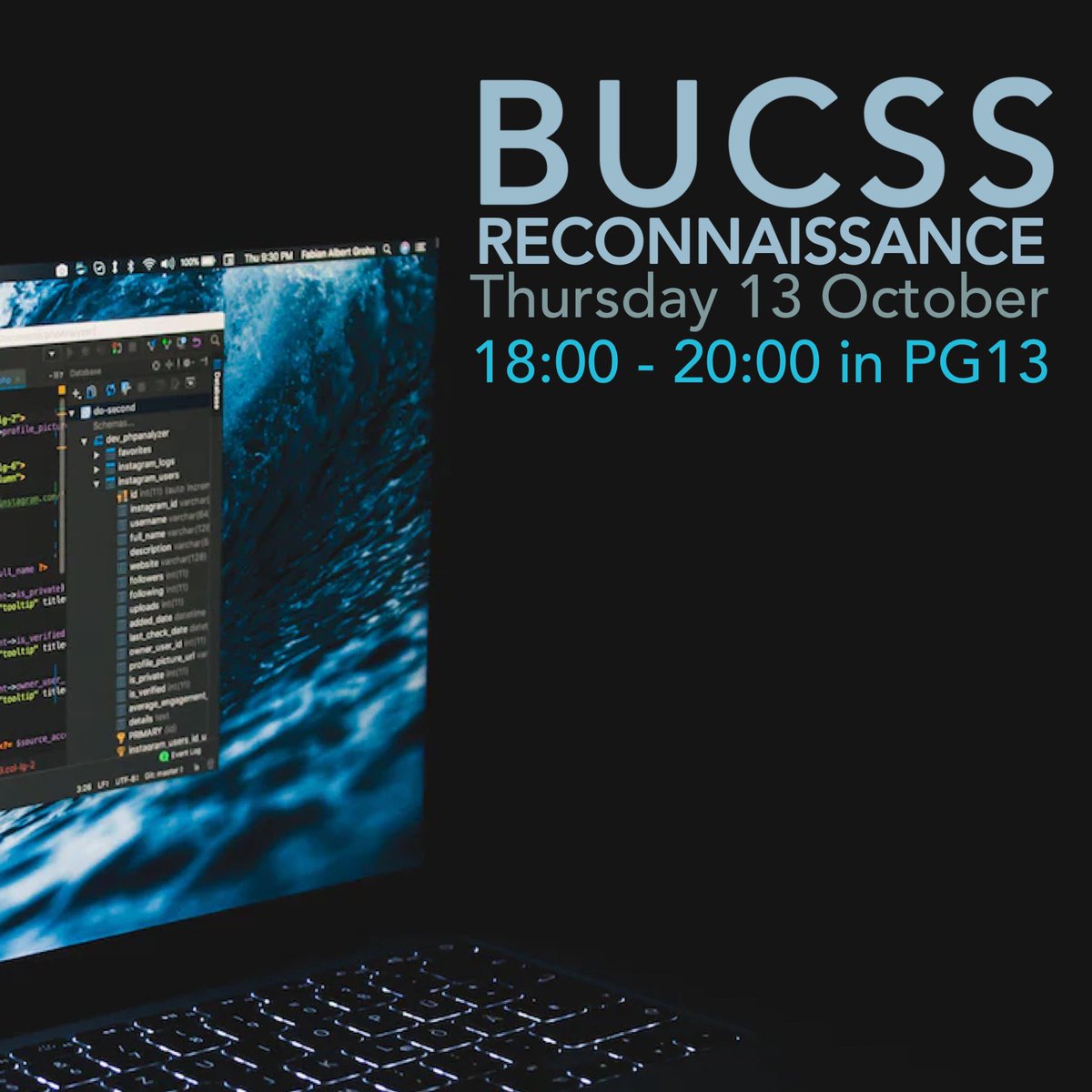 Tomorrow we’ll be covering intelligence gathering and giving an introduction to active &amp; passive recon.

You will need to sign the code of conduct and also have membership for the society.

More information can be found on the discord:
bucss.net/discord