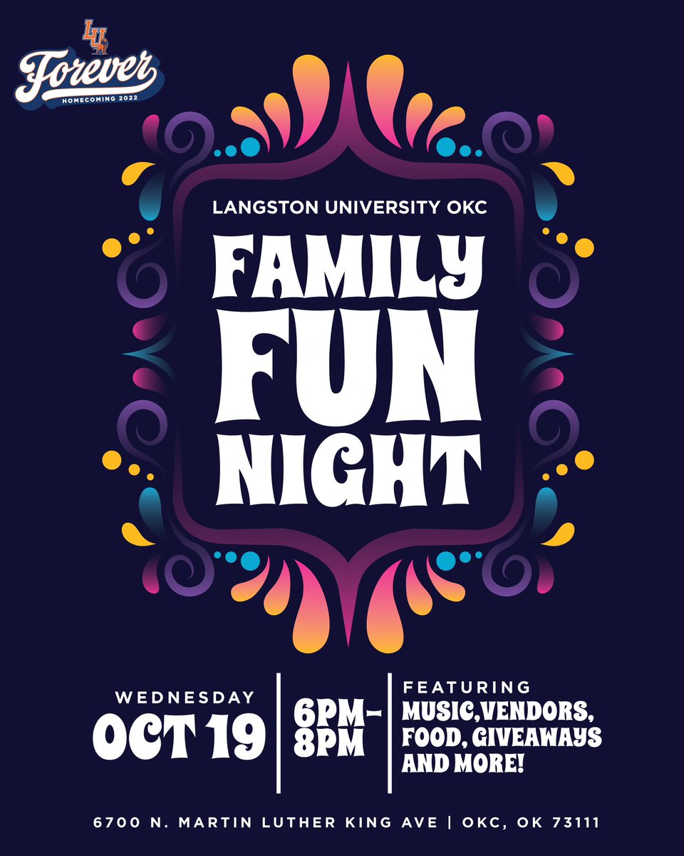 LangstonU's tweet photo. Homecoming doesn’t just take place on one campus.
Please join us for Family Fun Night Wednesday, October 19 at our LU OKC Campus for music, vendors, food, giveaways and more! #LUOKC #LUForever #LUHomecoming22 #hbcuhomecoming https://t.co/NbrEVo6lwI