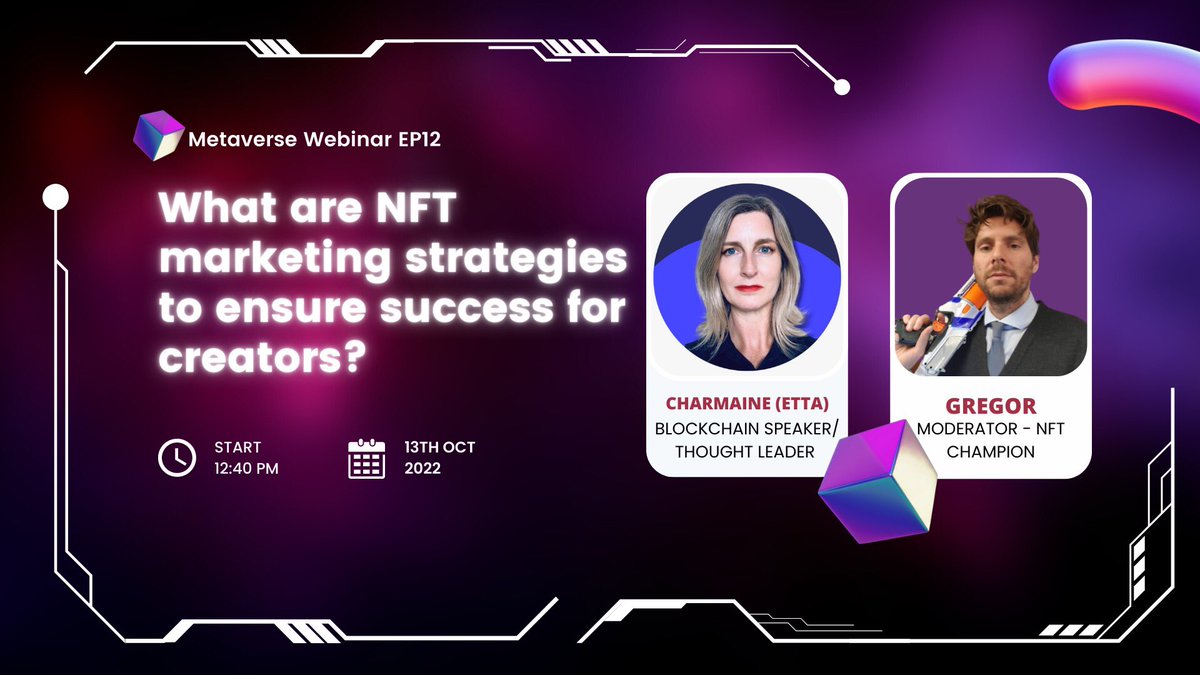 Charmaine of <a href="/ettaverse/">Ettaverse☀️</a> will be a guest on the ‘NFT Champion’ podcast this Thursday with host <a href="/GregorMaric/">Greg AI</a> 

Talking about NFT marketing and <a href="/LostParadigms/">Lost Paradigms</a> 👇

youtu.be/ljkpTgQhRBY

#podcast #nfts #NFTCommunity #ettaverse #NFTmarketing
