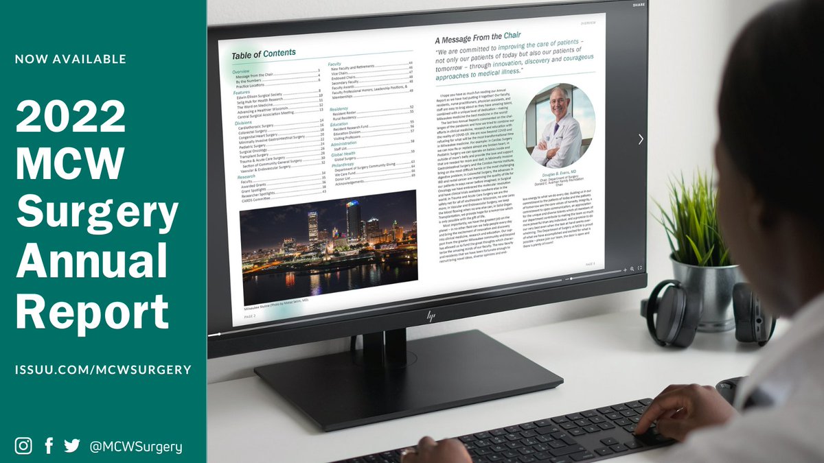 MCW Surgery (@mcwsurgery) on Twitter photo The 2022 <a href="/MCWSurgery/">MCW Surgery</a> Annual Report is here! We hope you enjoy this look into the people #LeadingTheWay in the Department of Surgery every day!
Read as flipbook: bit.ly/3VleaMZ
Read as PDF: bit.ly/3yDva7E
<a href="/MedicalCollege/">Medical College of Wisconsin</a> <a href="/Froedtert/">Froedtert</a> <a href="/childrenswi/">Children's Wisconsin 🏥</a> The 2022 <a href="/MCWSurgery/">MCW Surgery</a> Annual Report is here! We hope you enjoy this look into the people #LeadingTheWay in the Department of Surgery every day!
Read as flipbook: bit.ly/3VleaMZ
Read as PDF: bit.ly/3yDva7E
<a href="/MedicalCollege/">Medical College of Wisconsin</a> <a href="/Froedtert/">Froedtert</a> <a href="/childrenswi/">Children's Wisconsin 🏥</a>