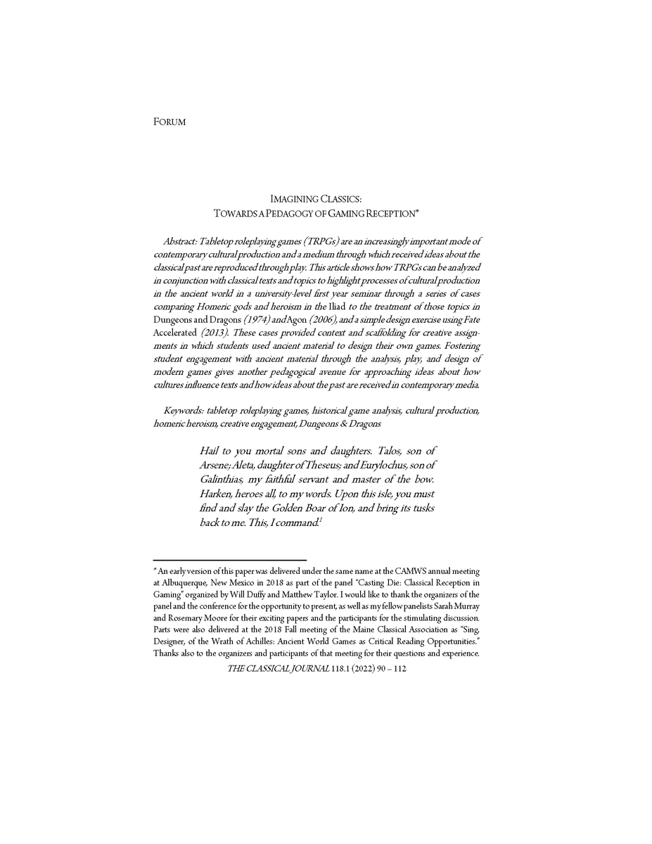 peregrinekiwi's tweet photo. Pleased to announce that my paper from #CAMWS2018 "Imagining Classics: Towards a Pedagogy of Gaming Reception" (on using TRPGs in the classics classroom) from will appear in the Fall issue of The Classical Journal @camwsclassics. https://t.co/U3W41s1Wjf