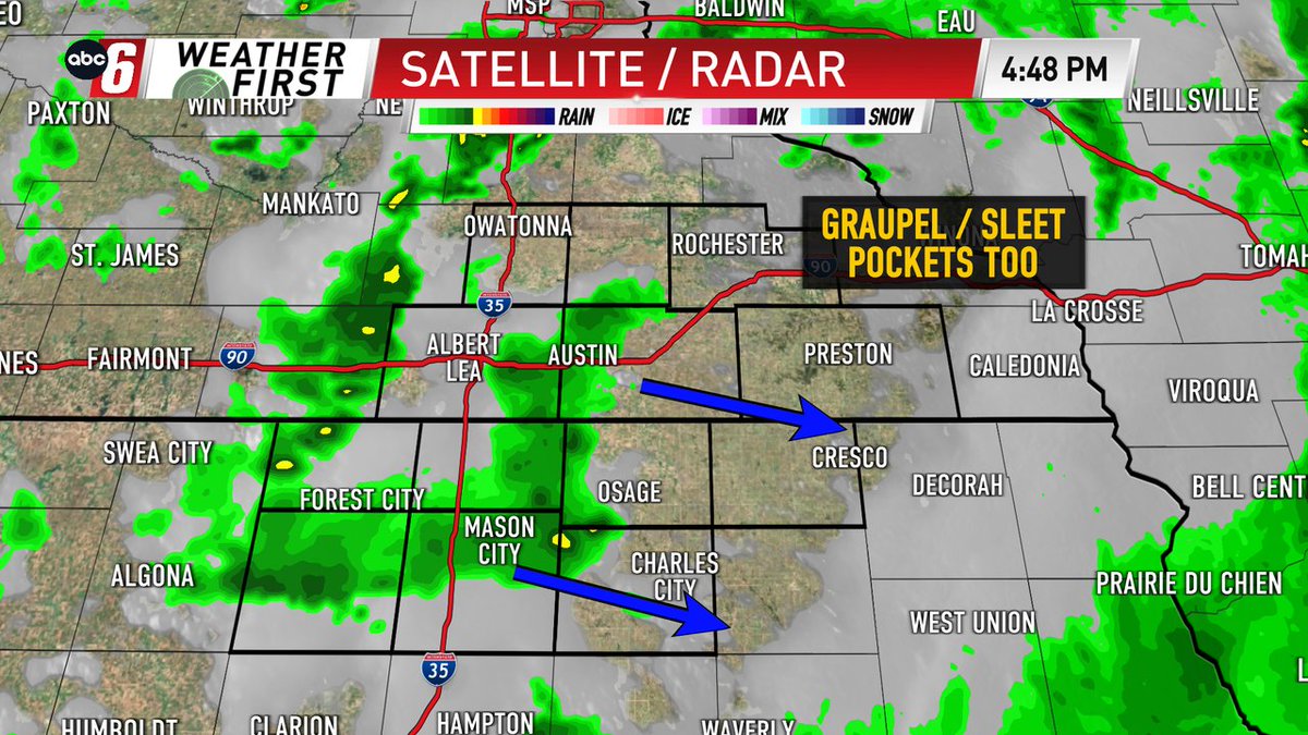 Showers are cutting through the region.  We've heard reports of graupel and sleet in a few instances across parts of Minnesota.  Amounts will be light but enhance the chill that's already in place.  https://t.co/AhBtlBUdZ6 #MNWX #IAWX #ABC6WX https://t.co/8U3TiU8TMB