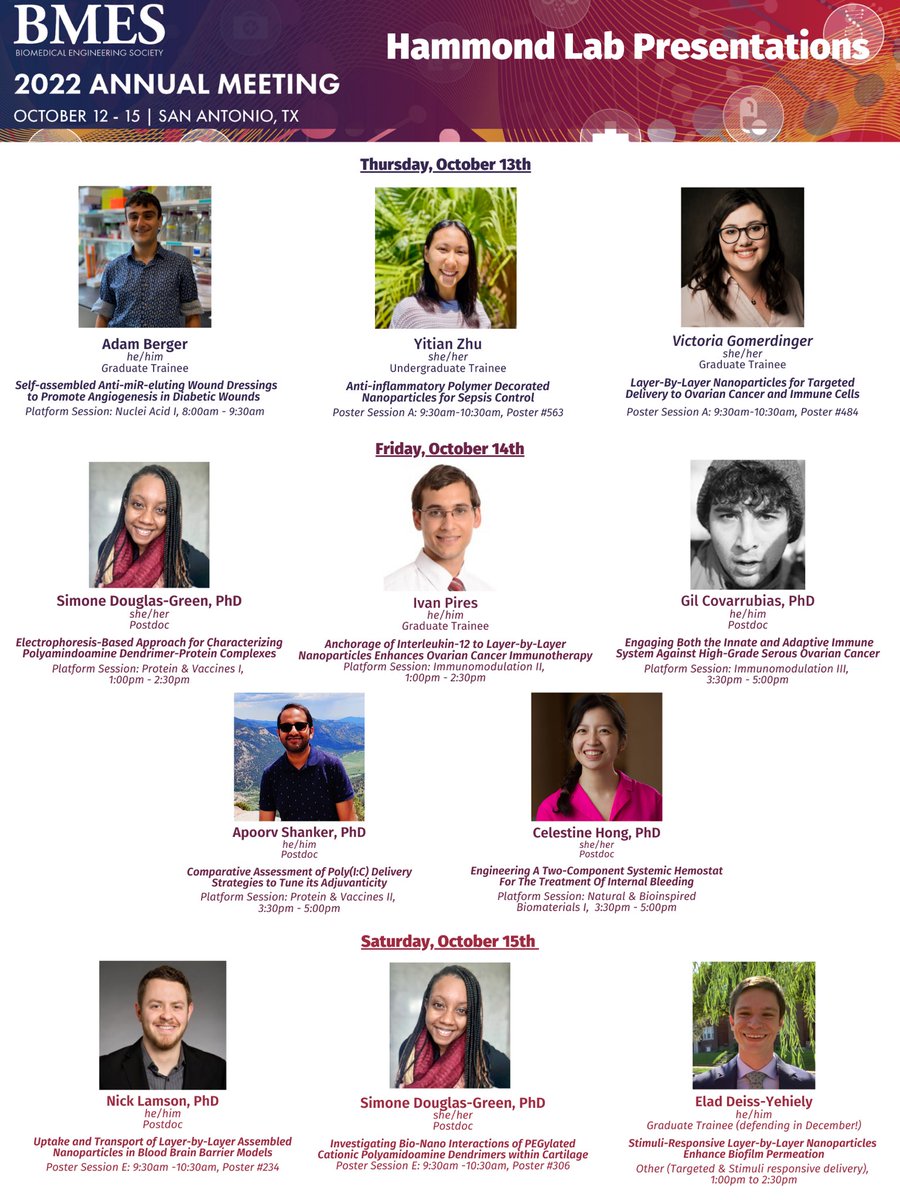 DrBlackBoots's tweet photo. Interested in the applications of LbL nanoparticles to treat various diseases? Check out the Hammond Lab presentations at #BMES2022! Also be sure to catch postdocs Apoorv &amp; @Nick_Lamson at the Meet The Faculty Candidate Forum happening now!! https://t.co/ZgAOLb0D3v