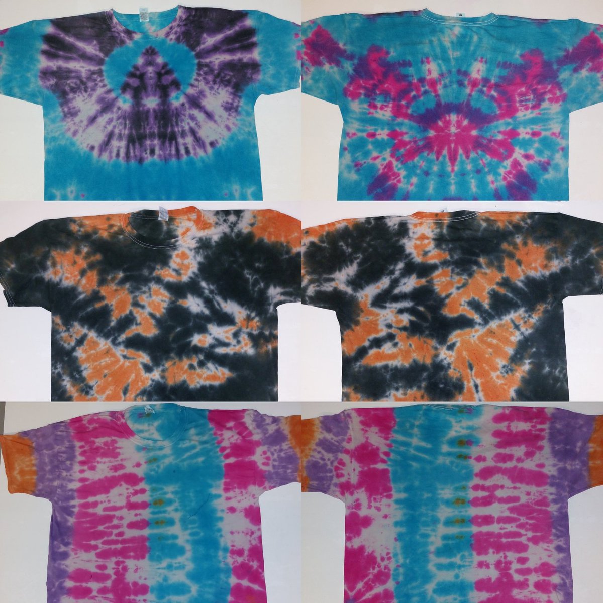 SandarsDTM's tweet photo. BATCH 2 #TieDye my son Cornelius dyed them. We have 2 spiral designs, 1 cumple in orange and black, 1 concertina folded to give stripes, and one folded to separate front and back designs. We have a bit more dye for batch 3. #FamilyCreativity. @razdjensia @TRO11O1O1O @r_radvile https://t.co/TcACW8Kkmm