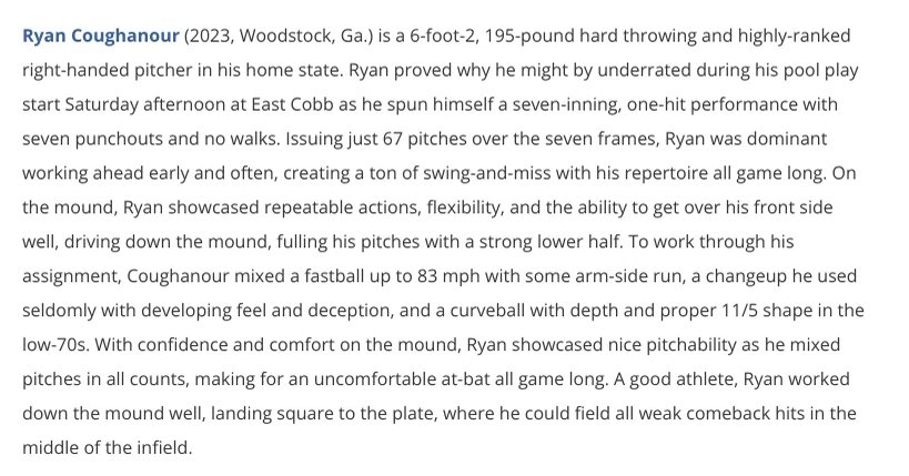 Write up from this weekend <a href="/PG_Georgia/">Perfect Game Georgia</a> <a href="/PG_Uncommitted/">PG_Uncommitted</a> <a href="/FlatgroundApp/">FLATGROUND Pitching</a> <a href="/UNGBaseball/">UNG Baseball</a> <a href="/FuturePacers/">USC Aiken Recruiting ⚾️</a> <a href="/AUTrojansbsbl/">Anderson Baseball</a> <a href="/LanderBaseball/">Lander Baseball</a> <a href="/ECB_Colt45s/">East Cobb Colt 45’s Official</a>