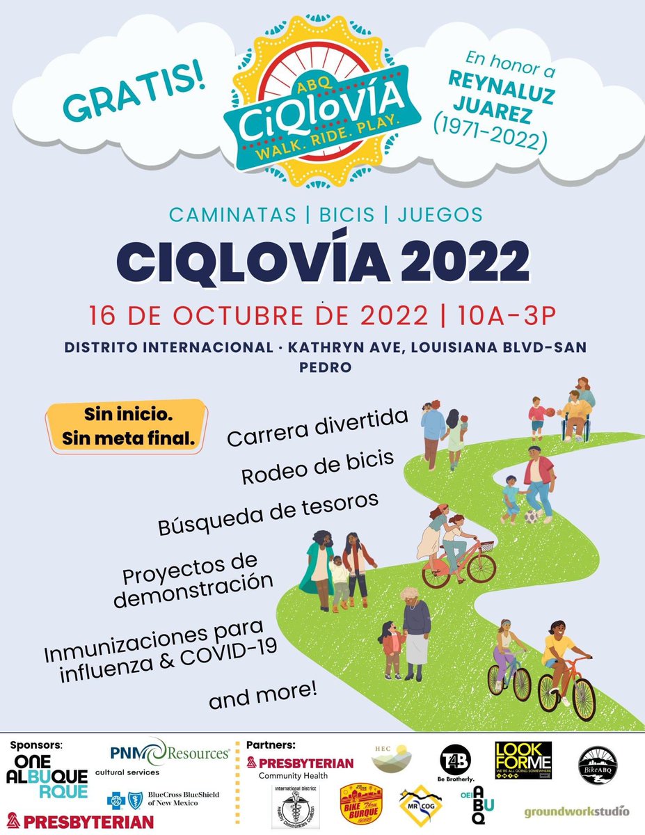 PresHealth's tweet photo. Come out to #ABQ’s #openstreets event on Sunday, October 16 from 10 a.m. - 3 p.m. on Kayhryn Ave SE between Louisiana Blvd and San Pedro Drive. Plenty of activities for ALL ages! 

#ciqlovia2022 #bikethruburque #bike #walk #play #grow #community https://t.co/dTsIMfAh5V