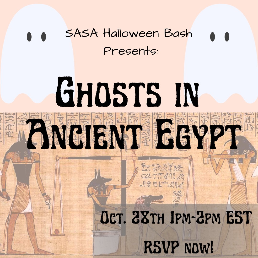 AncientSave's tweet photo. 👻 Beliefs in ghosts, revenants &amp; evil dead used in everyday magic &amp; mortuary compositions like ancient Egyptian Book of the Dead

🗓 Oct. 28th @ 1PM-2PM EST

🎃Led by Dr. Rita Lucarelli

➡️RSVP @ https://t.co/uS1OFKuUwW

#SaveAncientStudiesAlliance #SASA #ghosts #HalloweenBash https://t.co/wTQWyncm8x