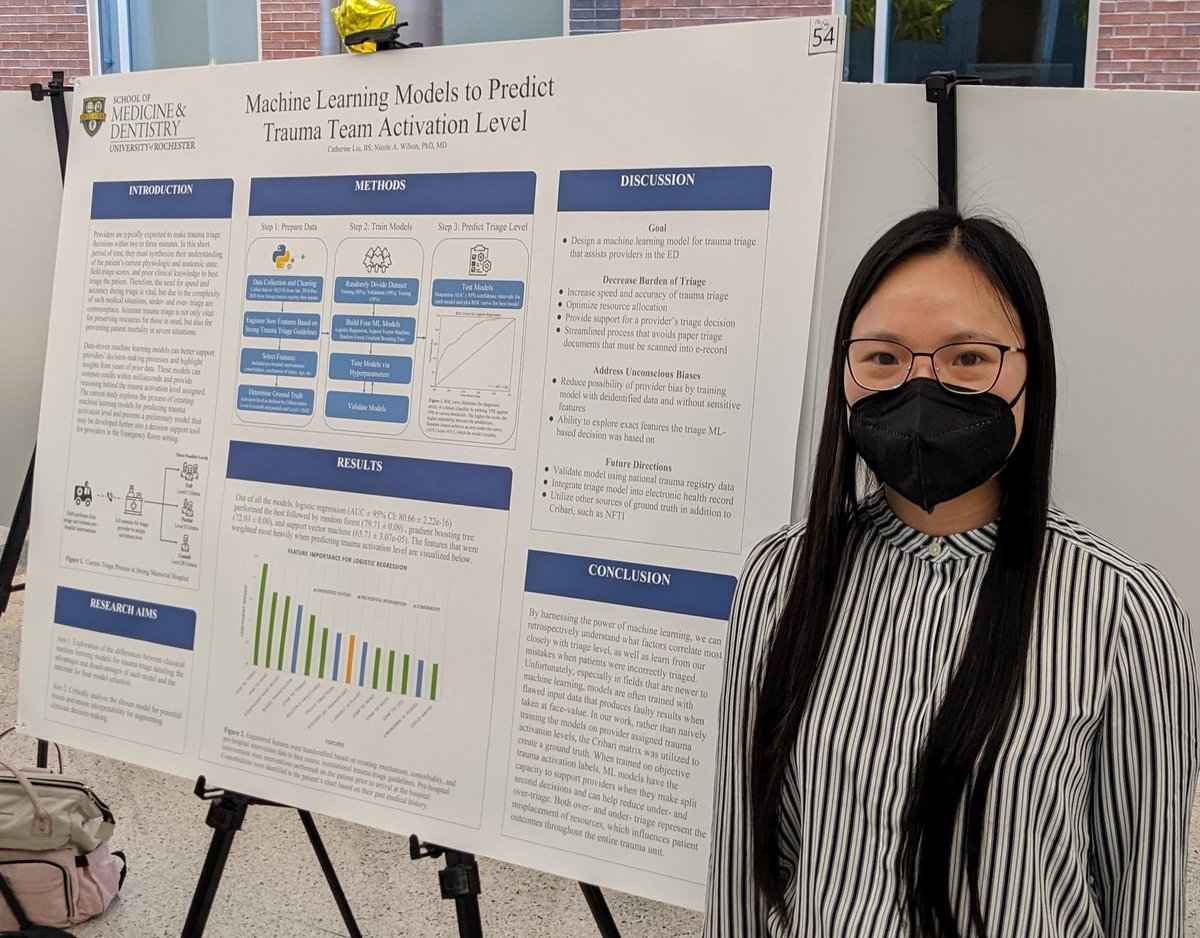 Wilson Eclipse Lab at UR (@eclipselabatur) on Twitter photo All-star <a href="/URochester_SMD/">URochester SMD</a> medical student Catherine Liu presenting her work on Machine Learning Models for Prediction of Trauma Activation Level for trauma patients at <a href="/URMed_GCH/">Golisano Children's Hospital</a> and <a href="/URKesslerTrauma/">URMC Kessler Trauma Center</a>
#PhysicianScientistInTraining
#ExcellenceInMedicine All-star <a href="/URochester_SMD/">URochester SMD</a> medical student Catherine Liu presenting her work on Machine Learning Models for Prediction of Trauma Activation Level for trauma patients at <a href="/URMed_GCH/">Golisano Children's Hospital</a> and <a href="/URKesslerTrauma/">URMC Kessler Trauma Center</a>
#PhysicianScientistInTraining
#ExcellenceInMedicine