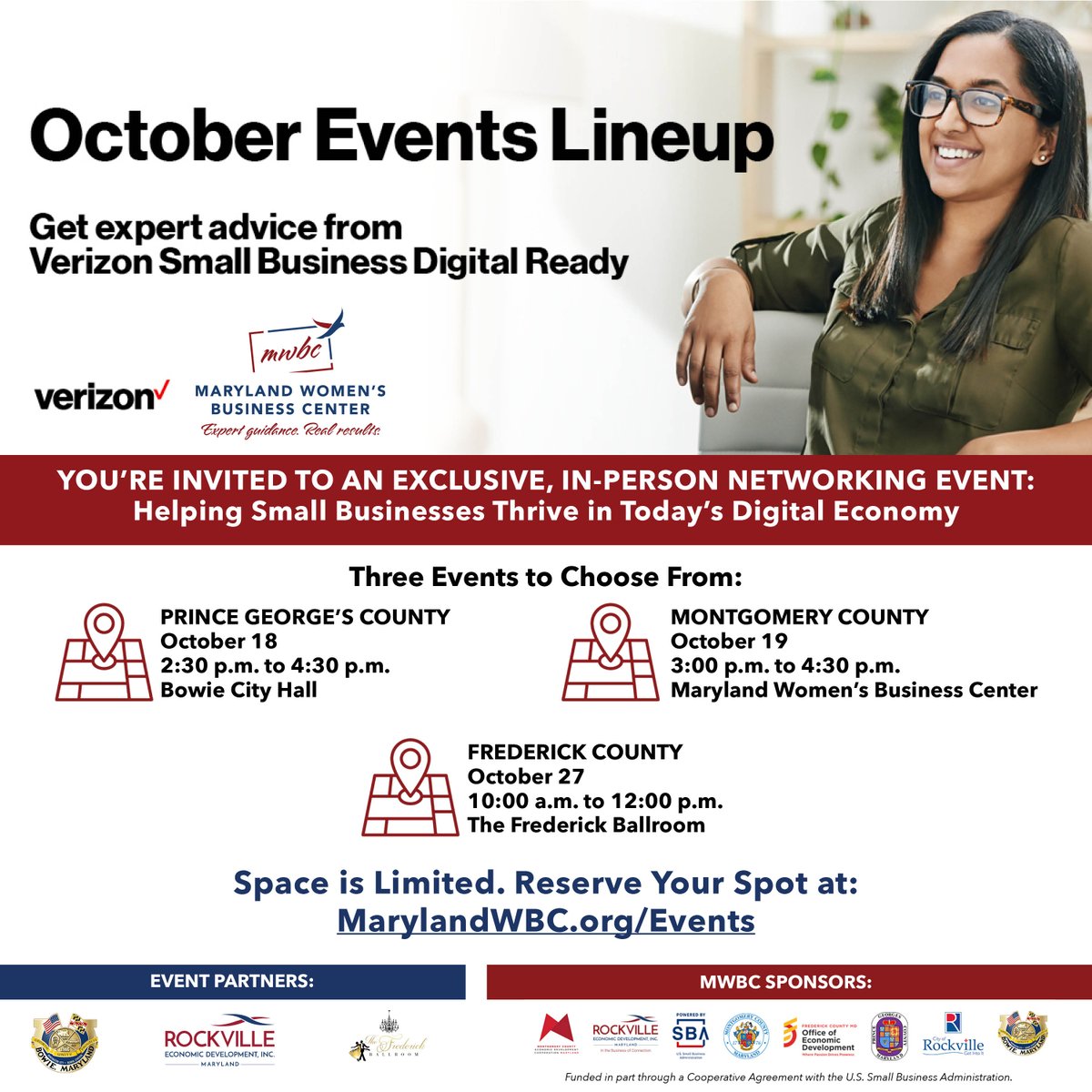 marylandwbc's tweet photo. Got questions about the @Verizon Small Business Digital Ready platform? Ask the experts at one of our upcoming networking events. Learn how to unlock FREE resources &amp; apply for up to a $10k grant. Register today for the event nearest you! https://t.co/zEgf4C4tad. https://t.co/lLQQRvAUYu