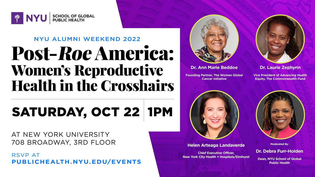 Post-Roe America: Women’s Reproductive Health in the Crosshairs October 22, 1PM-2PM 708 Broadway, 3rd Floor, New York, NY Join NYU GPH for a timely conversation on women’s reproductive health in a post-Roe America. RSVP: publichealth.nyu.edu/events-news/ev…