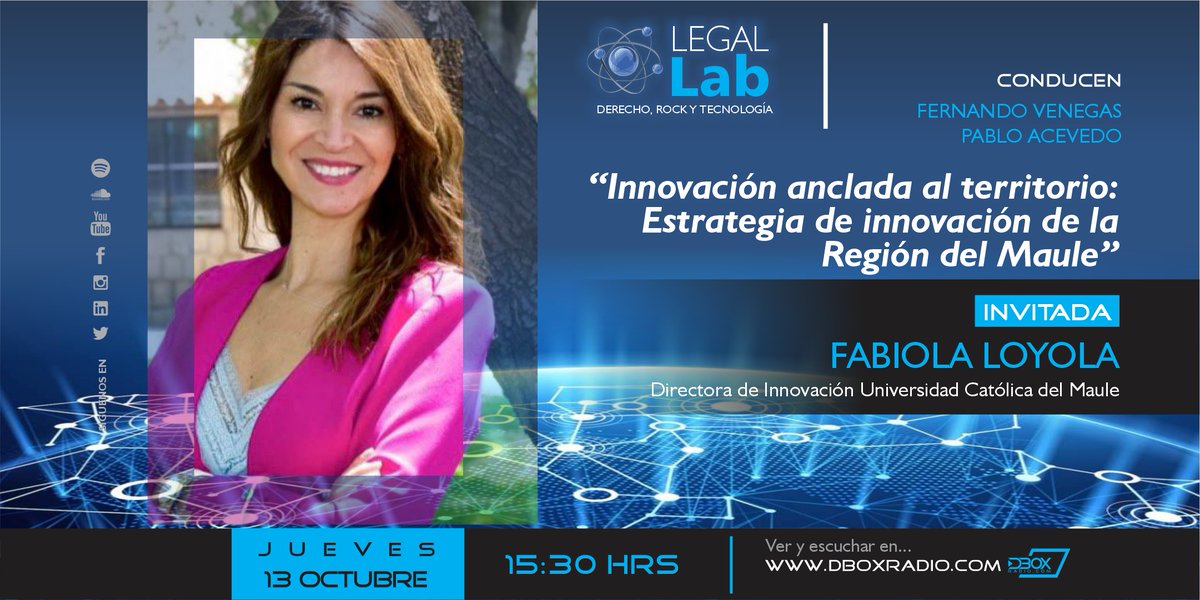 Este jueves en el programa LegalLab conversaremos con 𝗙𝗮𝗯𝗶𝗼𝗹𝗮 𝗟𝗼𝘆𝗼𝗹𝗮
Directora de Innovación Universidad Católica del Maule
🙋<a href="/pacevedoa/">Pablo Acevedo</a> <a href="/fvenegasc/">Fernando Venegas</a> <a href="/RedGTChile/">Red de Gestores Tecnológicos de Chile</a> <a href="/KnowHubChile/">Know Hub Chile</a> @anidinforma
#legallab #tecnologia #innovacion #ciencia #emprendimiento #dboxradio