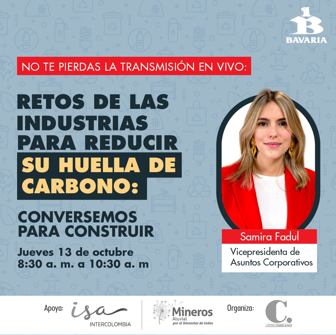 Este jueves 13 de octubre, <a href="/Sfadul/">Samira Fadul S</a>, nuestra vicepresidenta de Legal y Asuntos Corporativos conversará junto con el <a href="/elcolombiano/">El Colombiano</a> sobre los desafíos, metas y logros para hacer realidad llegar a cero emisiones netas al 2040. 
Mira el live aquí: elcolombiano.com