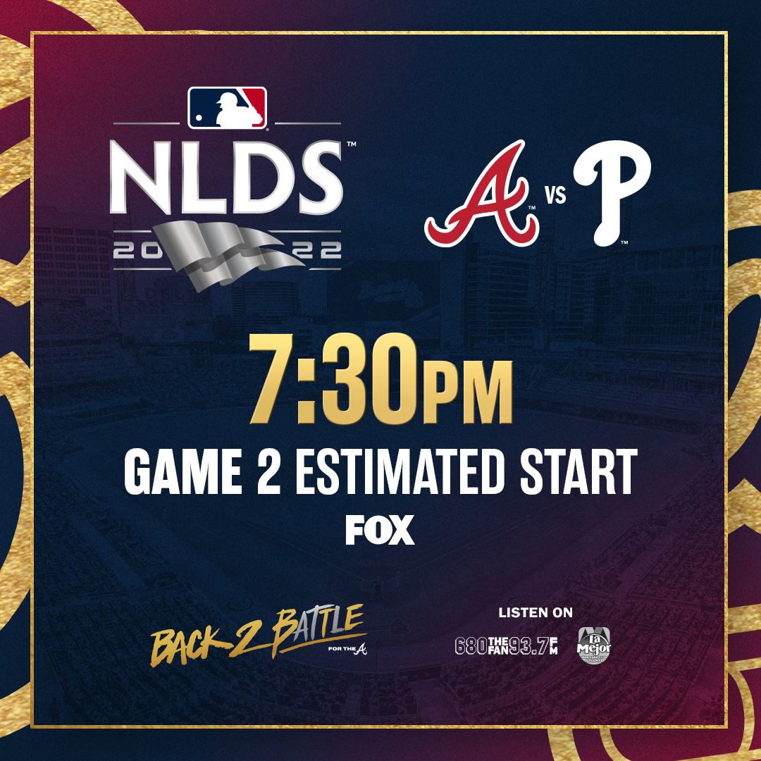 Braves's tweet photo. Pending any additional changes to the weather forecast, estimated first pitch for Game 2 is 7:30pm ET. 

#Back2Battle https://t.co/vzNeW14OpZ
