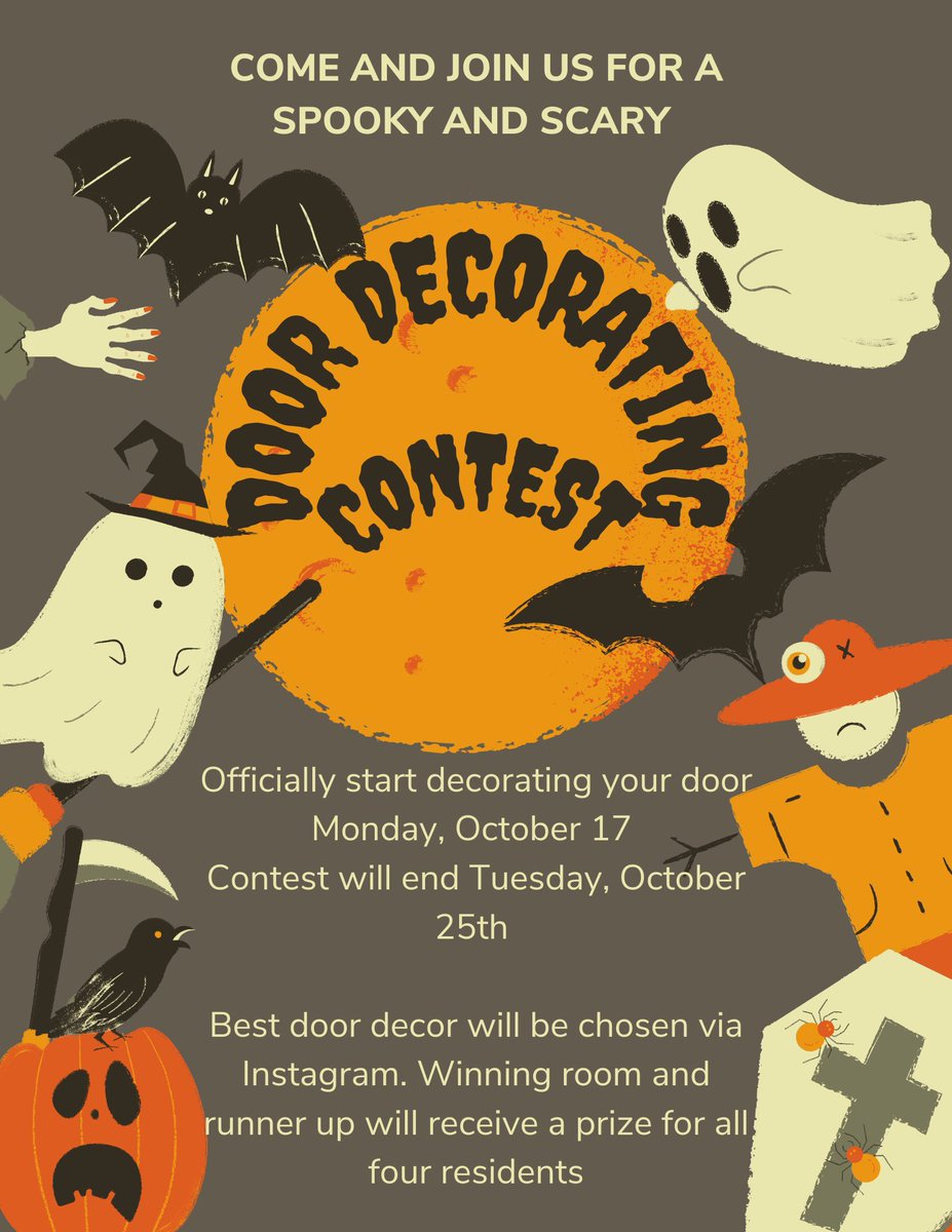 CollegeInnTxSt's tweet photo. October is full of spooky scary fun! Join us in decorating your doors for a spooky contest!🎃 https://t.co/9eknGWiiyU