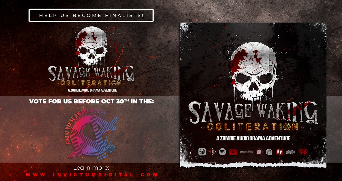 If you enjoyed our free #zombie #audiodrama, why not vote for us &amp; help us become finalists in the <a href="/audioverseawrds/">Audio Verse Awards</a>! You'll need a computer &amp; a few minutes. We'd be grateful! Vote here: audioverseawards.net/vote/
#audiofiction #podcast #horror #spookymonth #Halloween2022 #scary