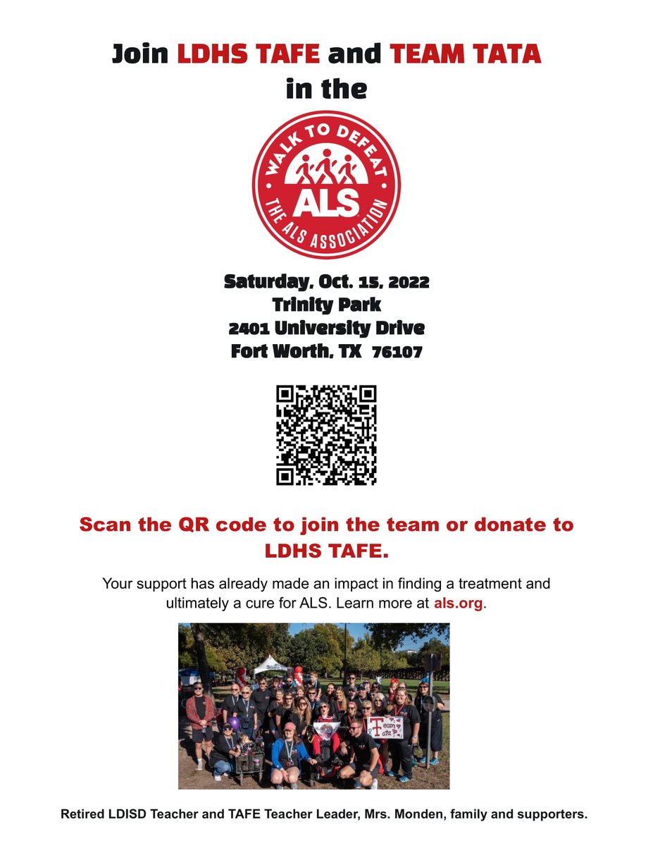 ldhsRST's tweet photo. LDHS TAFE will be participating in the ALS Walk for a Cure in honor of Mrs. Tonya Monden. Please join us by walking or donating to reach the team goal! https://t.co/LexlOJWhiq