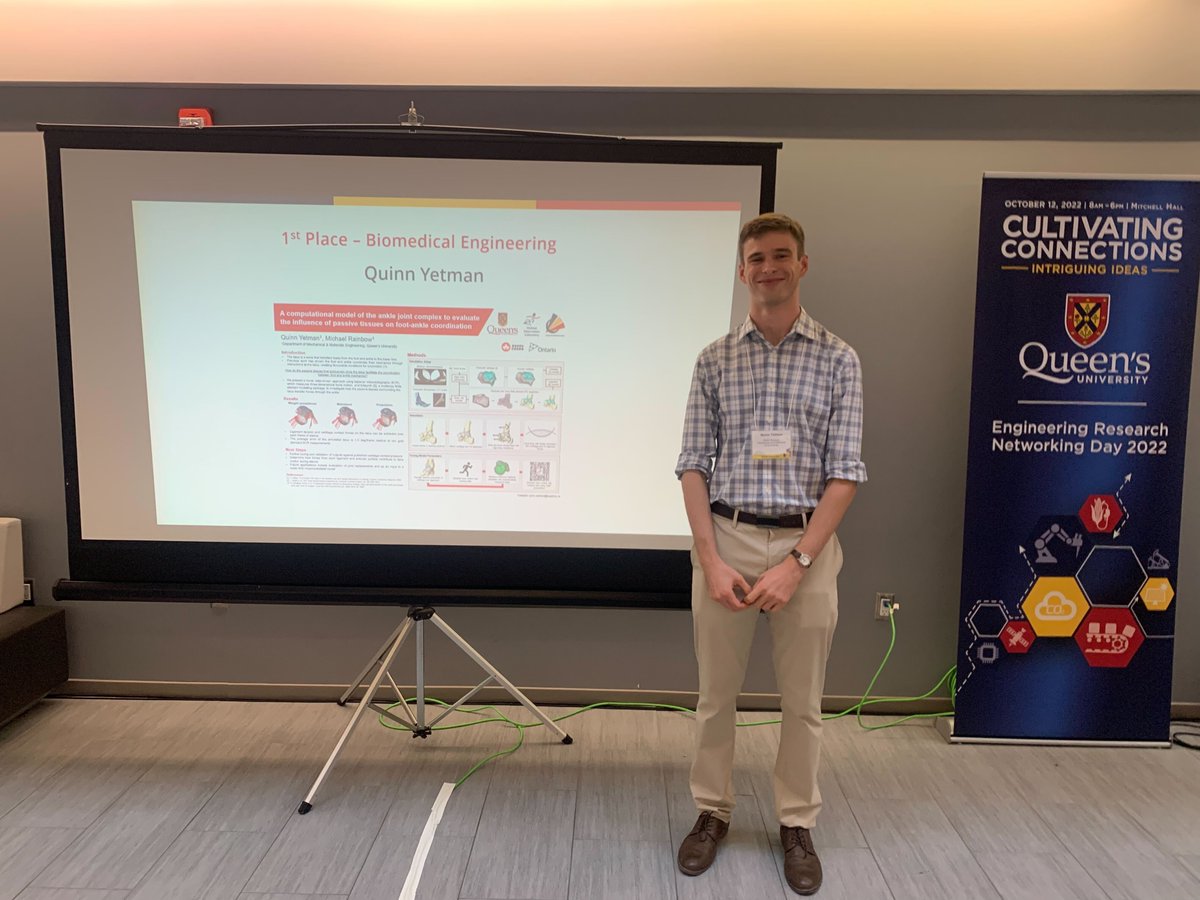 Congratulations Quinn Yetman! 1st place for the Biomedical Engineering poster at the Queen's Engineering Research Day. I enjoyed seeing all of the excellent research going on @QueensEngineer today! Congratulations to the conference's organizers including @ErinLeeQU. Great day!