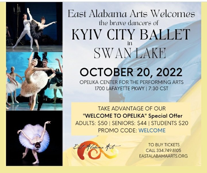 Kyiv City Ballet performing Swan Lake in Opelika, one night only. Call or visit webpage for tickets. #SupportUkraine #Dance