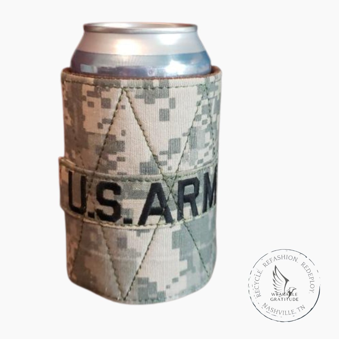 A little teaser of what's dropping soon on WearableGratitude.com - 🍺 Drink wraps made from duty-worn military uniforms!! Adjustable to fit both cans and bottles! 🇺🇸 Get them branded with your company name. Ask how. 
#Nashville #WearableGratitude #RecycleRefashionRedeploy