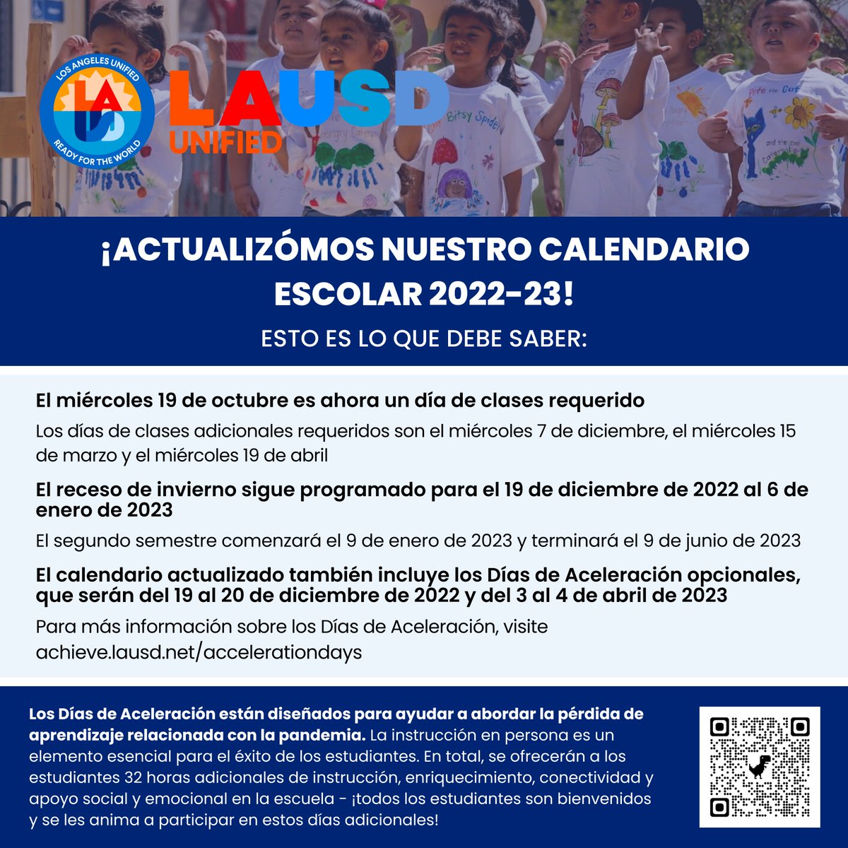 LASchools's tweet photo. We've updated our 2022-23 school calendar! For more information on Acceleration Days, visit https://t.co/uT2QKvlhE1
-
¡Actualizómos nuestro calendario escolar 2022-23! Para más información sobre los Días de Aceleración, visite https://t.co/uT2QKvlhE1 https://t.co/GkSXVpsRAt