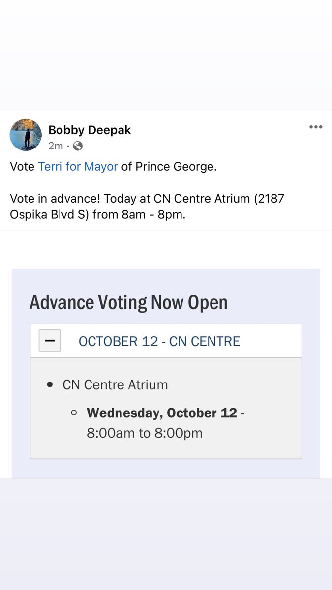 BobbyDeepak1's tweet photo. Municipal elections are underway, choices to be made - I encourage everyone to vote, regardless of choice of candidate. For Mayor, I’m voting Terri McConnachie! She is the best choice for the #CityofPG

With broad based support, a reasoned, balanced Mayor is needed in PG. https://t.co/0nyK4NiXel