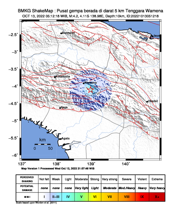 infoBMKG's tweet image. #Gempa Mag:4.2, 13-Okt-22 05:12:18 WIB, Lok:4.11 LS, 138.98 BT (Pusat gempa berada di darat 5 km Tenggara Wamena), Kedlmn:10 Km Dirasakan (MMI) III Wamena #BMKG