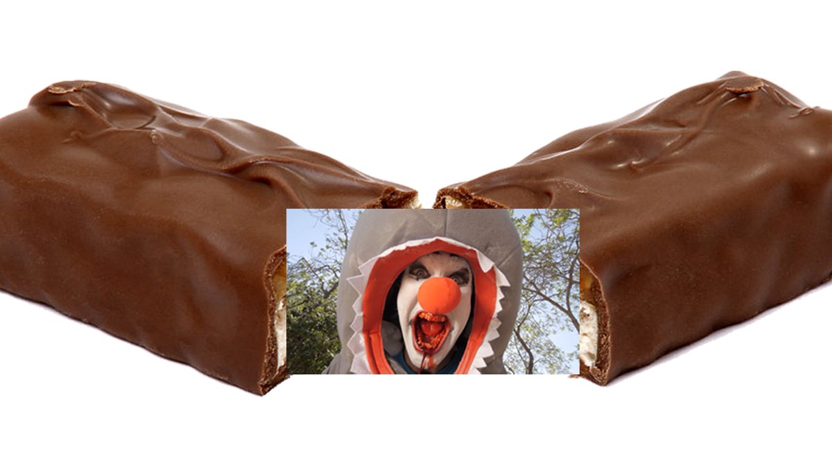 Mythical's tweet photo. Be careful this Halloween, we just found a clown shark inside a chocolate bar! https://t.co/BamhosGGLc