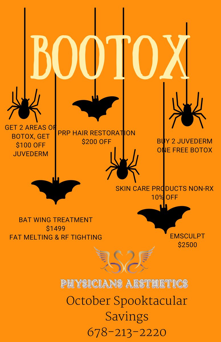 djatkinsmd's tweet photo. October Savings....get 2 Juvederm Facial Fillers and get FREE Botox
PRP Hair Restoration $200 off each treatment
Get 2 areas of Botox get $100 off Juvederm Facial Filler
Skin Care 10% off
Bat Wings begone  $1499
Booty Back $2500 package of 4 https://t.co/G8ivzlXvgQ