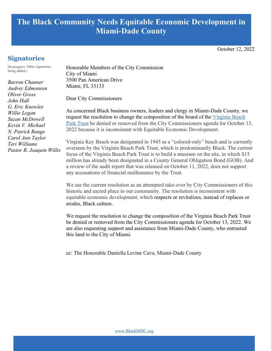 stclaudeii's tweet photo. BREAKING: A group of Black Miamians including OneUnited Bank President Teri Williams and Miami-Dade Chamber of Commerce President G. Eric Knowles are asking that a resolution to change the Virginia Beach Park Trust board be stricken from tomorrow’s city commission agenda. https://t.co/Gqaq0ElSSL