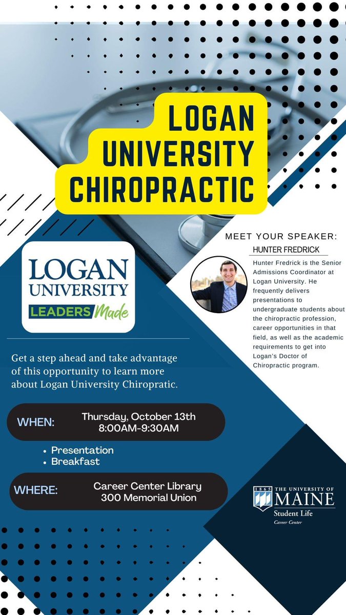 REMINDER!

Get a step ahead and take advantage of this opportunity to learn more about Logan University Chiropractic. 

🔔WHEN: 
Thursday, October 13th⭕️
8:00AM-9:30AM
🔔
WHERE:
Career Center Library 
300 Memorial Union 

We look forward to seeing you!