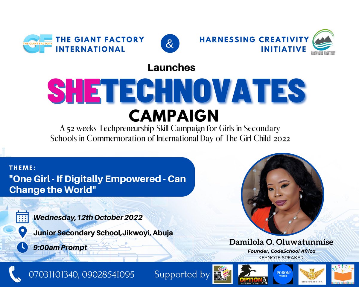 TheGiantFactory's tweet photo. Happy #internationaldayofthegirlchild to all #girls and young #ladies. We join the rest of the world to celebrate you today.

Kindly join us tomorrow for the official launch of #SheTechnovates Campaign with @HarnessingCreat at JSS Jikwoyi, Abuja

#digitalskills #idogc #idogc2022 https://t.co/DE4t82cAeL