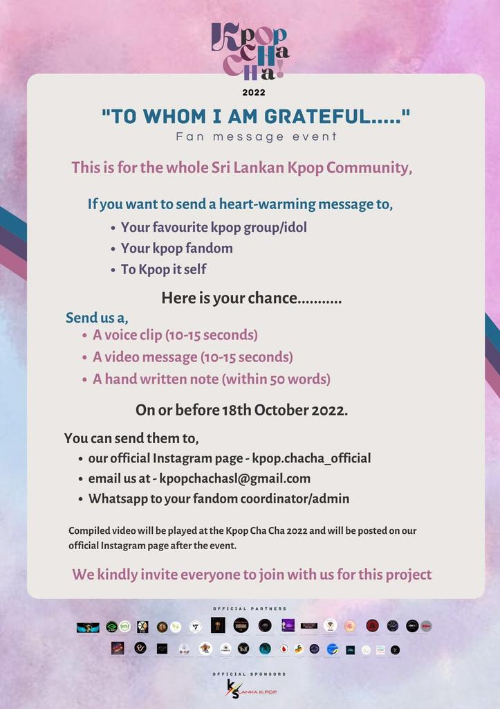 LankaKpop's tweet photo. Fan Event - "To whom I am grateful....."

This is for the whole Sri Lankan Kpop Community (For everyone whether you are participating or will not be participating #KpopChaCha2022)

#Kpop #kpopsrilanka #lka https://t.co/4JpfImgVLC