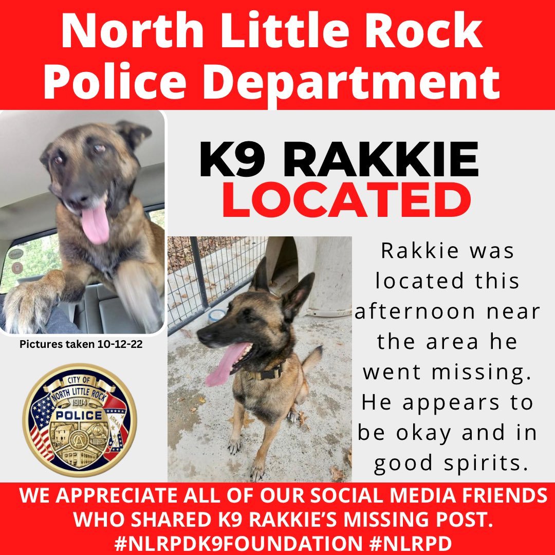 Update from North Little Rock PD 😀'K9 Rakkie was located this afternoon near the area he went missing. He appears to be okay and in good spirits. We appreciate all of our social media friends who shared K9 Rakkie’s missing post' #ThinBlueLine #K9 #police #OPLive @OfficialOPLive