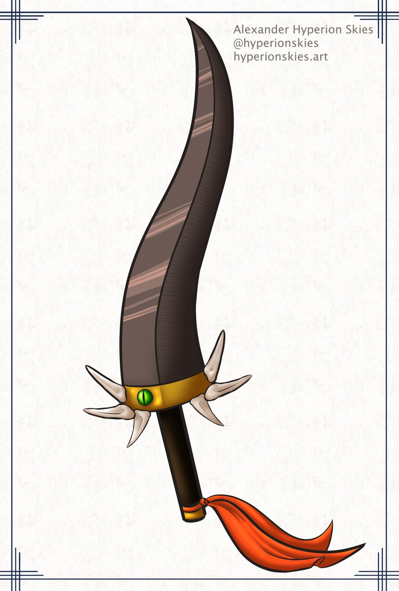hyperiondraws's tweet photo. Swordtember day 22 - horn/antler. Made from a dragon's horn, and with the philosophy of "why stop there?"; this sword integrates the teeth and leather as well. Perhaps don't let its kin live to see you use it. https://t.co/J1SGwnukEz