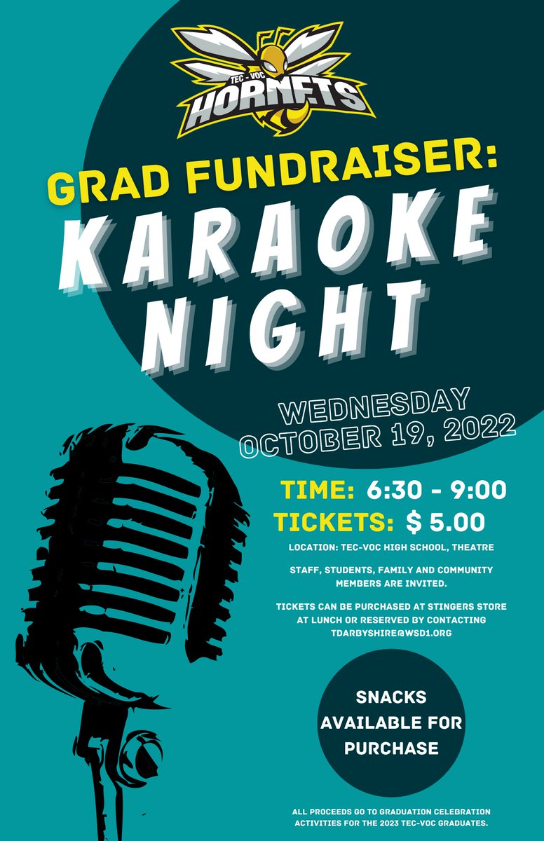 Join us on Wednesday, October 19th, for our Karaoke Night Grad Fundraiser.  6:30 to 9:00 PM.  Tickets are $5.00. Students, staff, and community members are invited. You can reserve tickets by contacting tdarbyshire@wsd1.org #tecvoc #winnipegsd