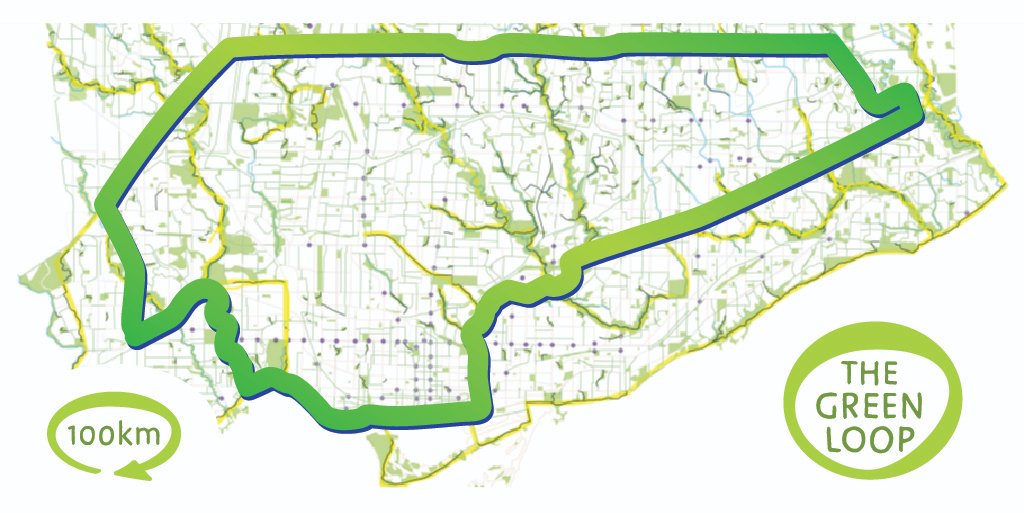 Let's create the most spectacular 100 Kilometre urban nature linear park/trail: THE GREEN LOOP! Doable, in ONE term, costs less than 5% of Tory's failed Rail Deck Park + benefits everyone. ONE_TO, connects suburbs, downtown, main city parks...magnificent 100% off road, 4 seasons!