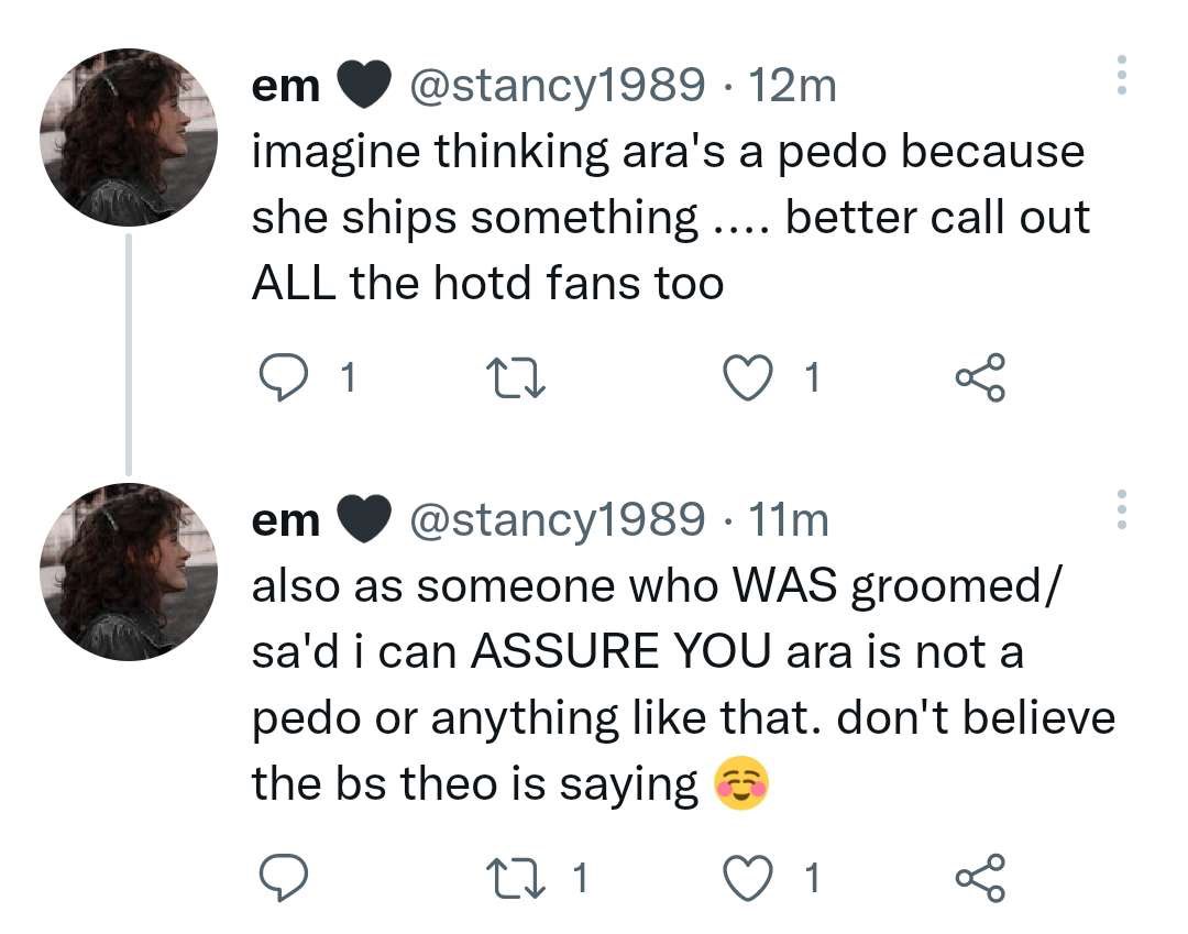 hellischeer's tweet image. you’re implying that all victims deal with trauma the same here em, kinda really gross and close minded of you! the wayback machine doesn’t lie, but you do! i can be hurt by someone shipping a literal minor with an adult.