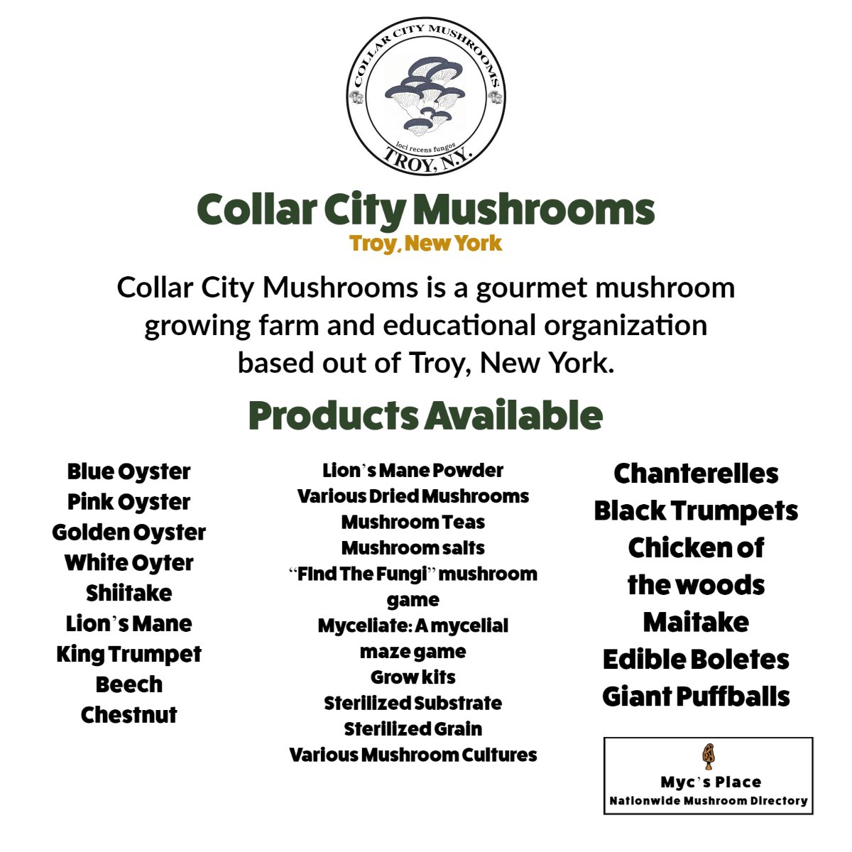 Collar City Mushrooms is a gourmet mushroom growing farm and educational organization based out of Troy, New York.

#newyork #newyorkmushrooms #gourmetmushrooms #newyorkmushroomevent #nymycology #mushrooms #mushroomeducation #mycology #mycsplace #mushlove