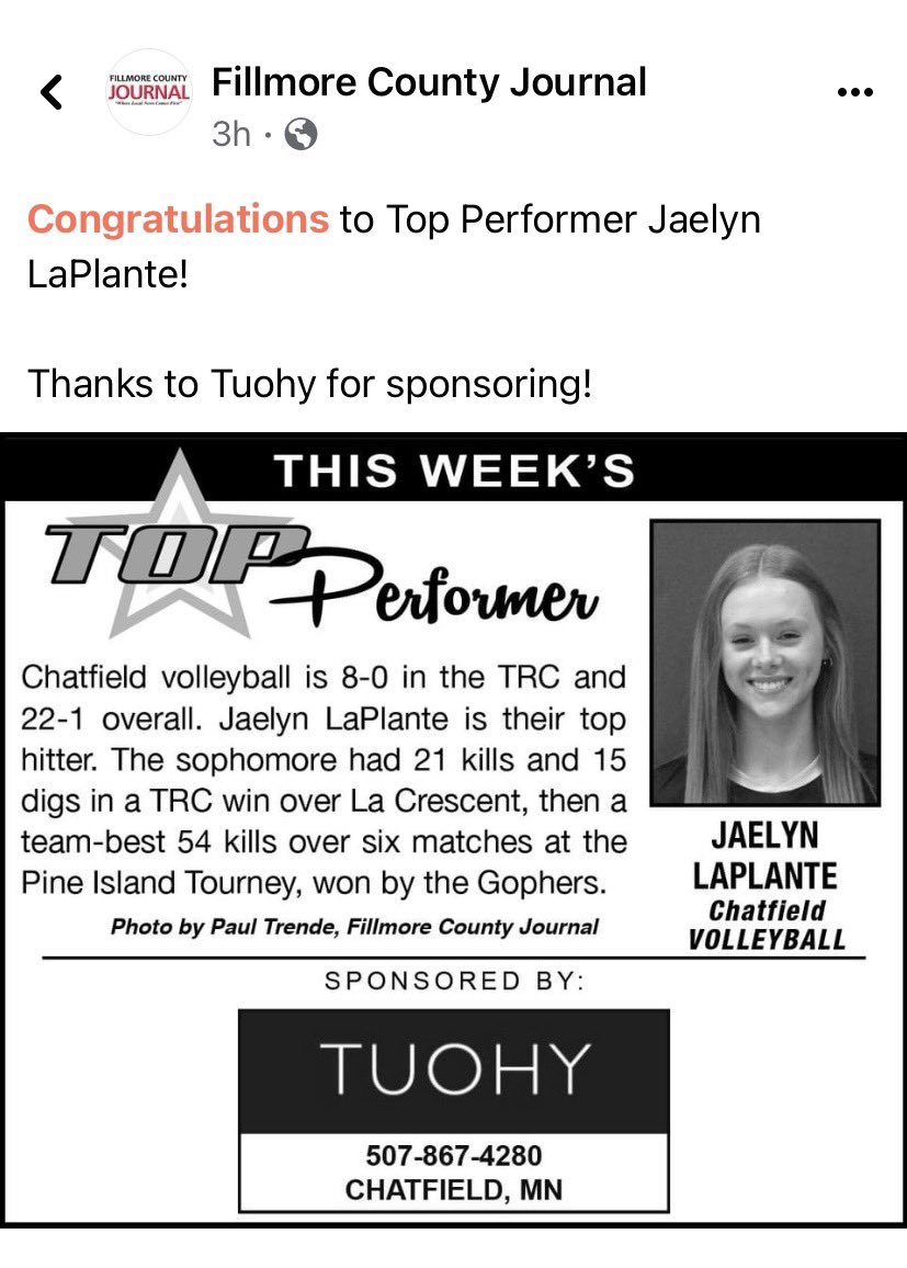 Jaelyn LaPlante (@jaelyn_laplante) on Twitter photo Thank you to <a href="/FillCoJournal/">FillmoreCountyJournal</a> for choosing me as the top performer of the week! Most importantly thank you to my teammates and coaches! @ChatfieldVBmn <a href="/WinonaStateVB/">Winona State VB</a> <a href="/CreightonVB/">Creighton Volleyball</a> <a href="/NorseVB/">Luther College Volleyball</a> <a href="/StOlafVB/">St. Olaf Volleyball</a> <a href="/UMDVolleyball/">UMD Volleyball</a> <a href="/FurmanVB/">Furman Volleyball</a> <a href="/UNK_Athletics/">UNK Athletics</a> <a href="/ClemsonVB/">Clemson Volleyball 🏐</a> <a href="/GopherVBall/">Minnesota Volleyball</a> <a href="/NDSUvolleyball/">NDSU Volleyball</a> Thank you to <a href="/FillCoJournal/">FillmoreCountyJournal</a> for choosing me as the top performer of the week! Most importantly thank you to my teammates and coaches! @ChatfieldVBmn <a href="/WinonaStateVB/">Winona State VB</a> <a href="/CreightonVB/">Creighton Volleyball</a> <a href="/NorseVB/">Luther College Volleyball</a> <a href="/StOlafVB/">St. Olaf Volleyball</a> <a href="/UMDVolleyball/">UMD Volleyball</a> <a href="/FurmanVB/">Furman Volleyball</a> <a href="/UNK_Athletics/">UNK Athletics</a> <a href="/ClemsonVB/">Clemson Volleyball 🏐</a> <a href="/GopherVBall/">Minnesota Volleyball</a> <a href="/NDSUvolleyball/">NDSU Volleyball</a>